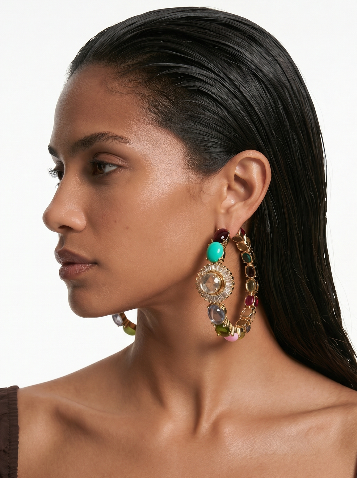 Khelena Multi Colour Semi Precious Zircon Statement Hoop Earrings by Prerto — festive jewellery