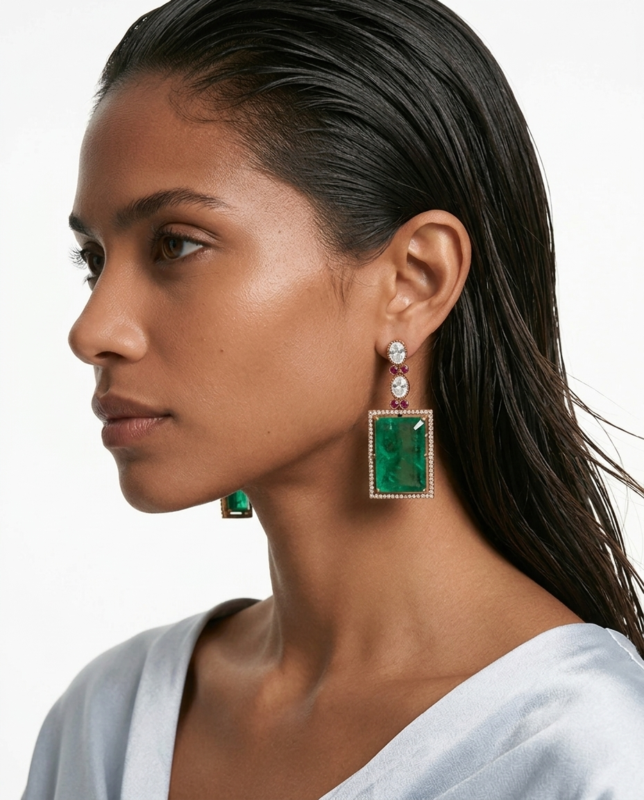 Jouri Moissanite Polki Kundan Emerald Doublet Diamond Luxe Necklace Set — worn on model — Prerto