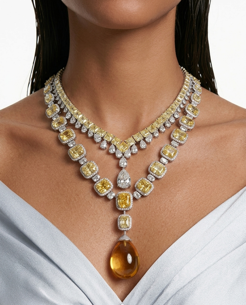 Maharani Citrine Square Diamond Drop & Citrine Cushion Cut Duo Necklace Set — front view — Prerto