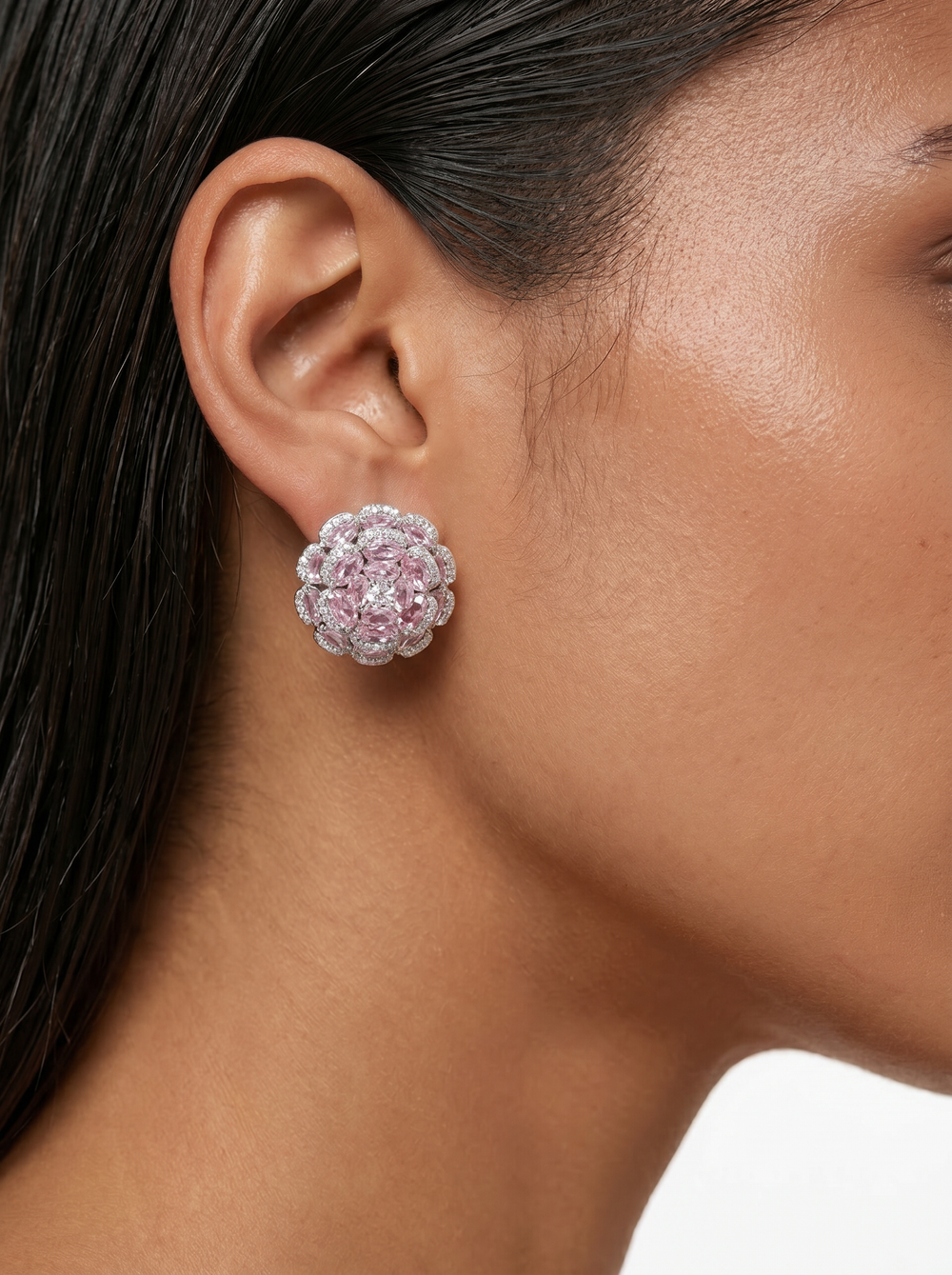 Maharani Blossoming Flowers Pink & Pink Cushion Cut Duo Necklace Set — worn on model — Prerto