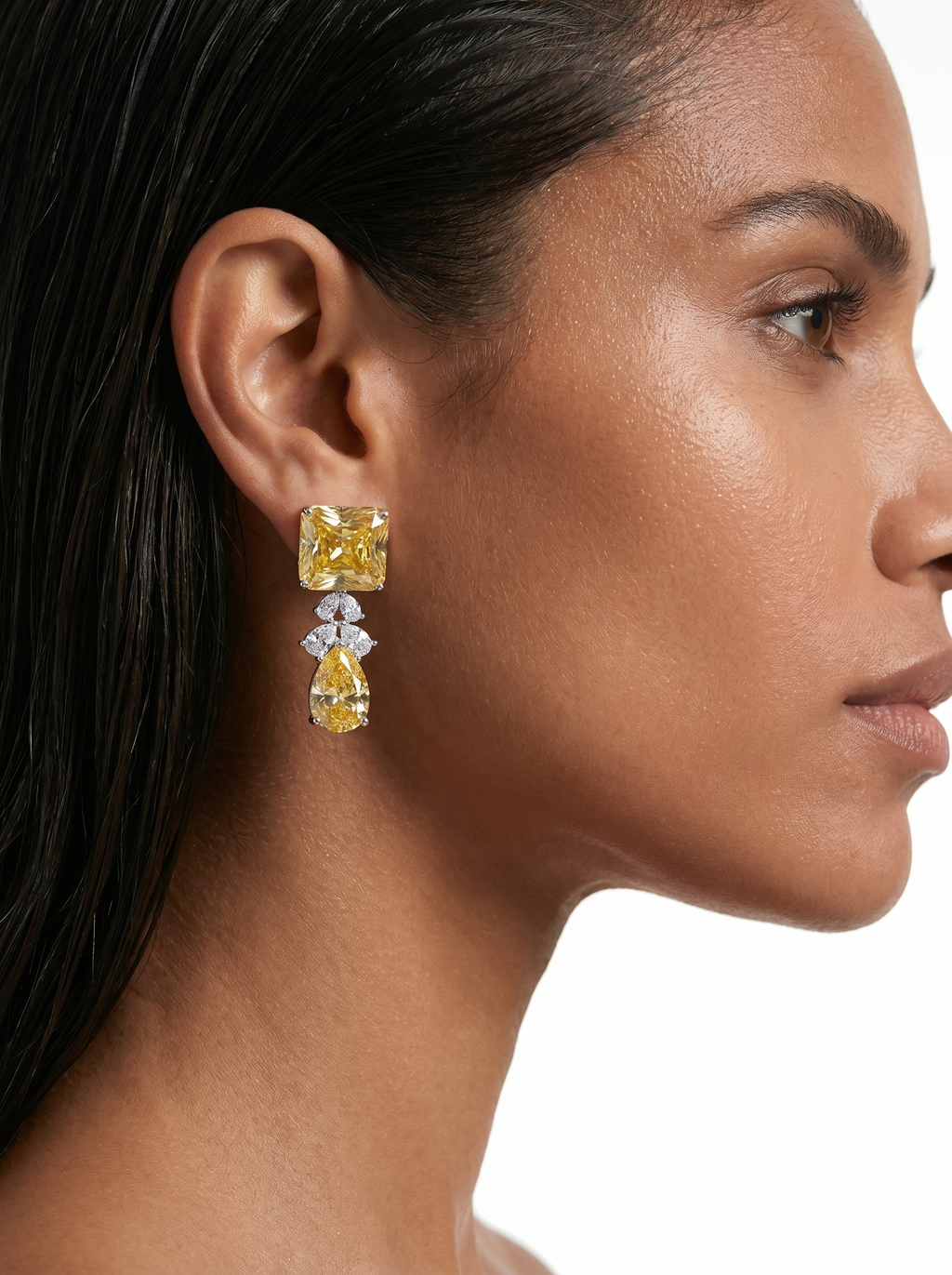 Maharani Citrine Square Diamond Drop & Citrine Cushion Cut Duo Necklace Set — worn on model — Prerto