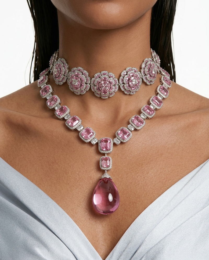 Maharani Blossoming Flowers Pink & Pink Cushion Cut Duo Necklace Set — front view — Prerto