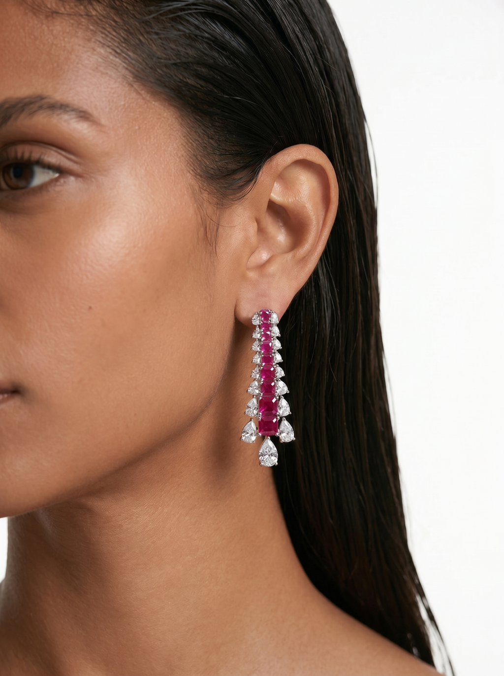 Maharani Ruby Square Diamond & Ruby Tennis Heart Drop Duo Necklace Set — worn on model — Prerto