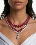 Maharani Ruby Square Diamond & Ruby Tennis Heart Drop Duo Necklace Set — front view — Prerto