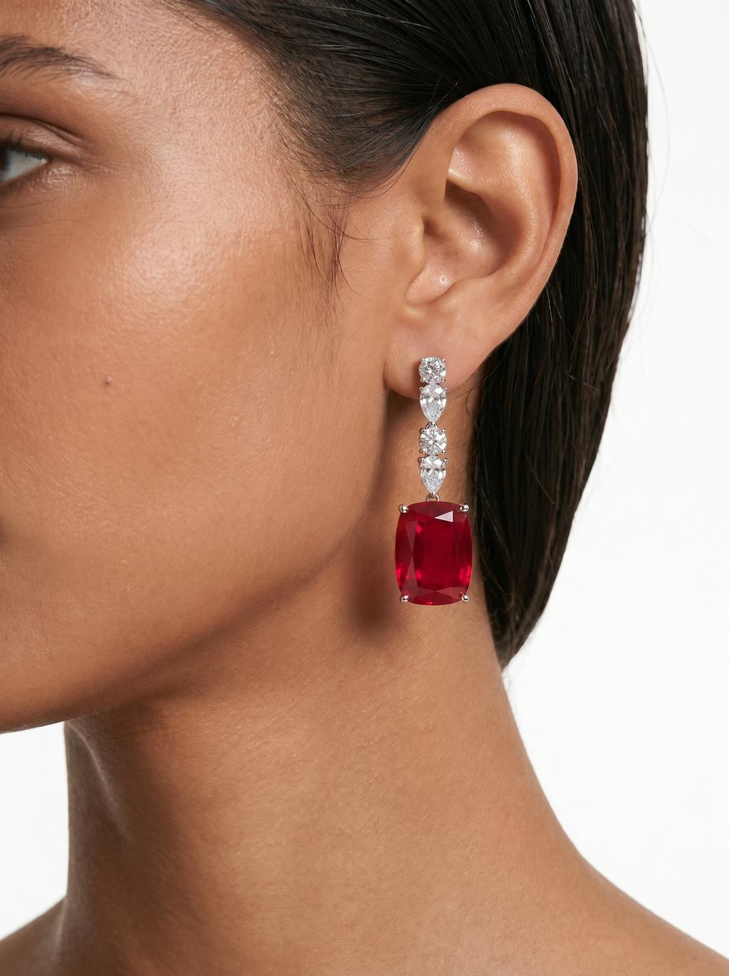 Lamees Ruby Drop Diamond Zircon Luxe Couture Pendant Necklace Set — worn on model — Prerto