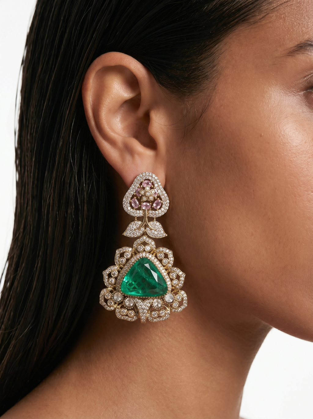 Jamila Emerald Doublets Moissanite Zircon Statement Earrings by Prerto — Indian & Arab bridal jewellery