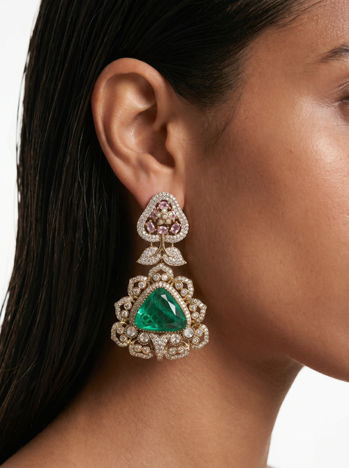 Jamila Emerald Doublets Moissanite Zircon Statement Earrings by Prerto — Indian & Arab bridal jewellery
