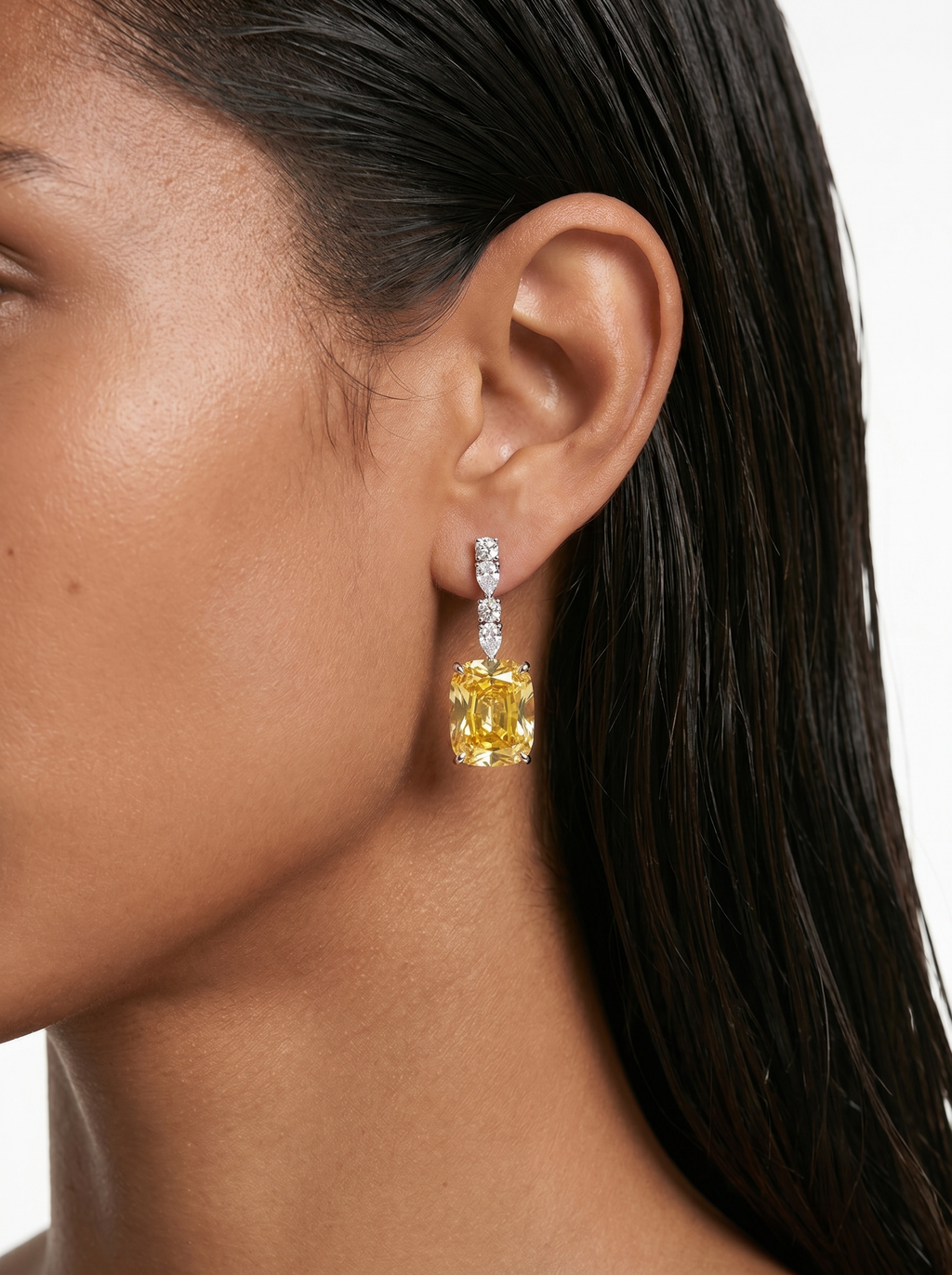 Lamees Citrine Drop Diamond Zircon Luxe Couture Pendant Necklace Set — worn on model — Prerto