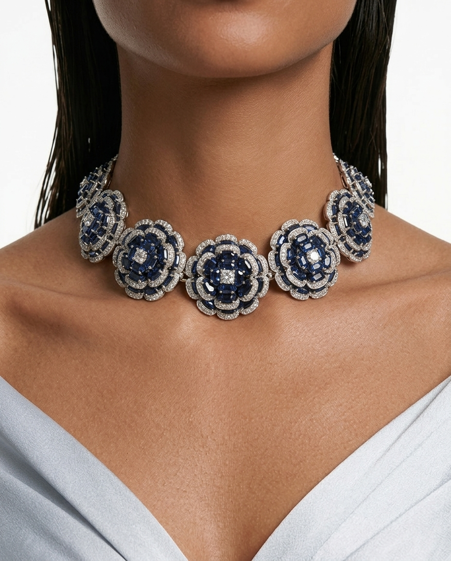Safa Blossoming Flowers Sapphire Diamond Choker Necklace Set — front view — Prerto