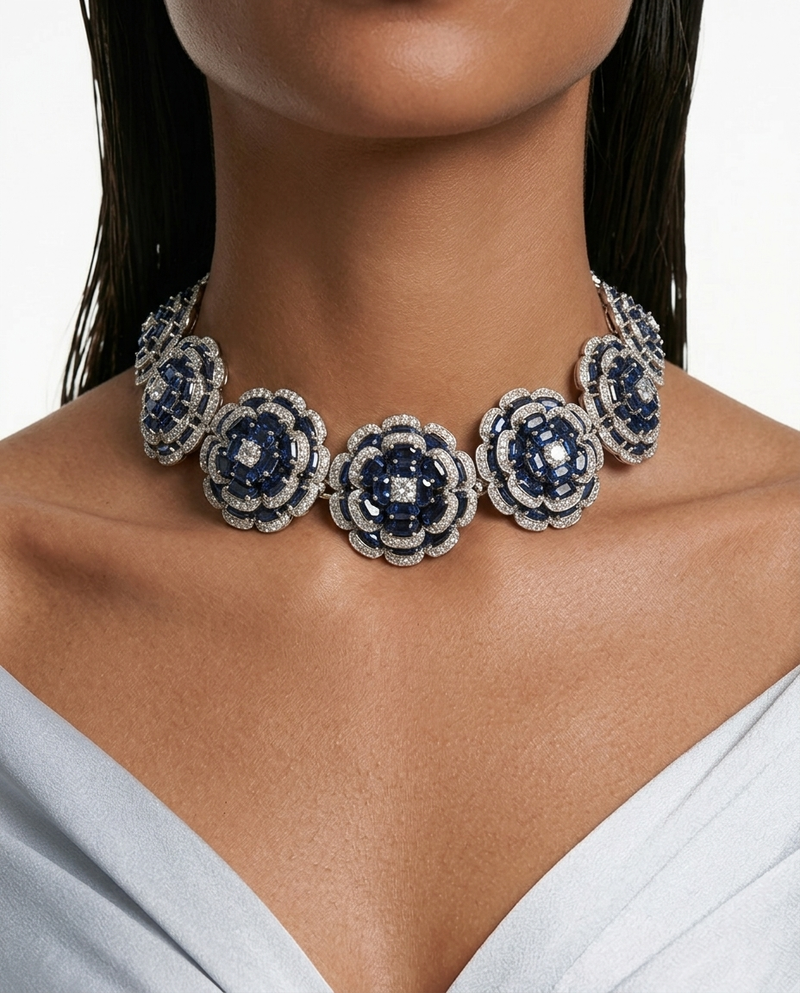 Safa Blossoming Flowers Sapphire Diamond Choker Necklace Set — front view — Prerto