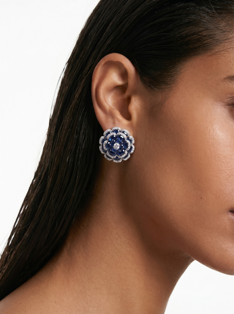 Safa Blossoming Flowers Sapphire Diamond Choker Necklace Set — worn on model — Prerto