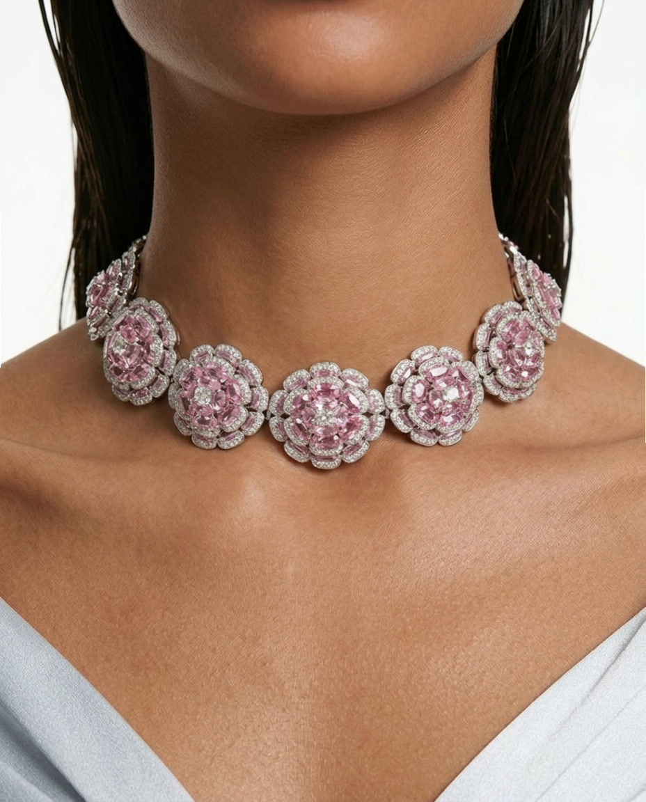 Safa Blossoming Flowers Pink Diamond Choker Necklace Set — front view — Prerto