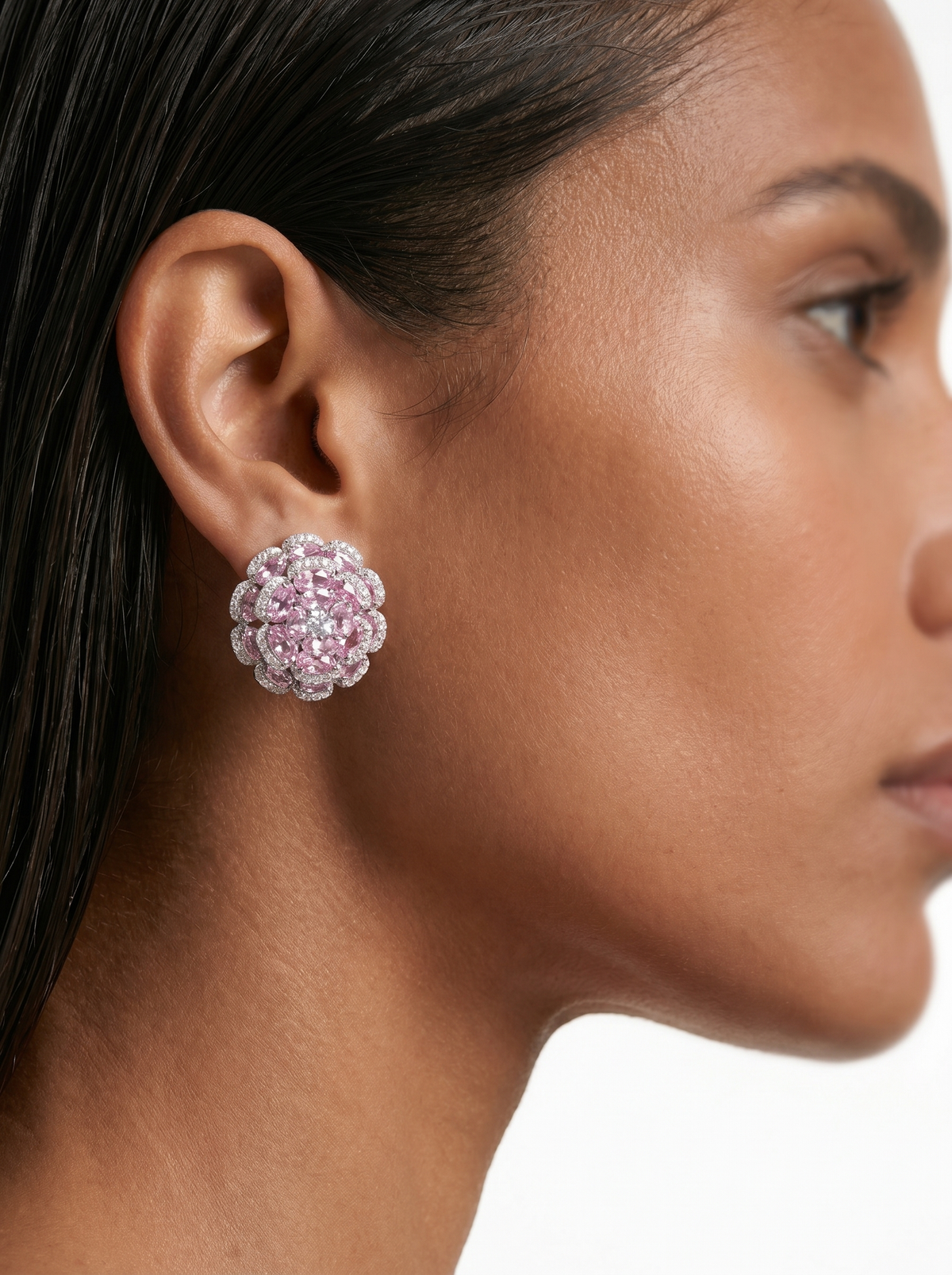 Safa Blossoming Flowers Pink Diamond Choker Necklace Set — worn on model — Prerto