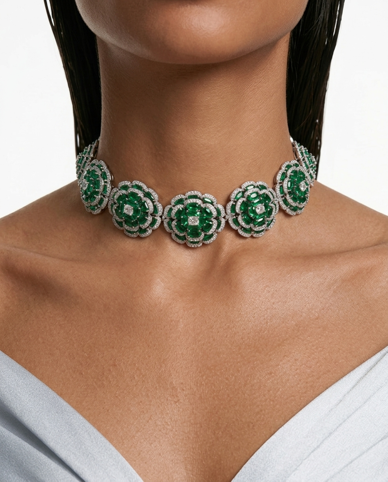 Safa Blossoming Flowers Emerald Diamond Choker Necklace Set by Prerto