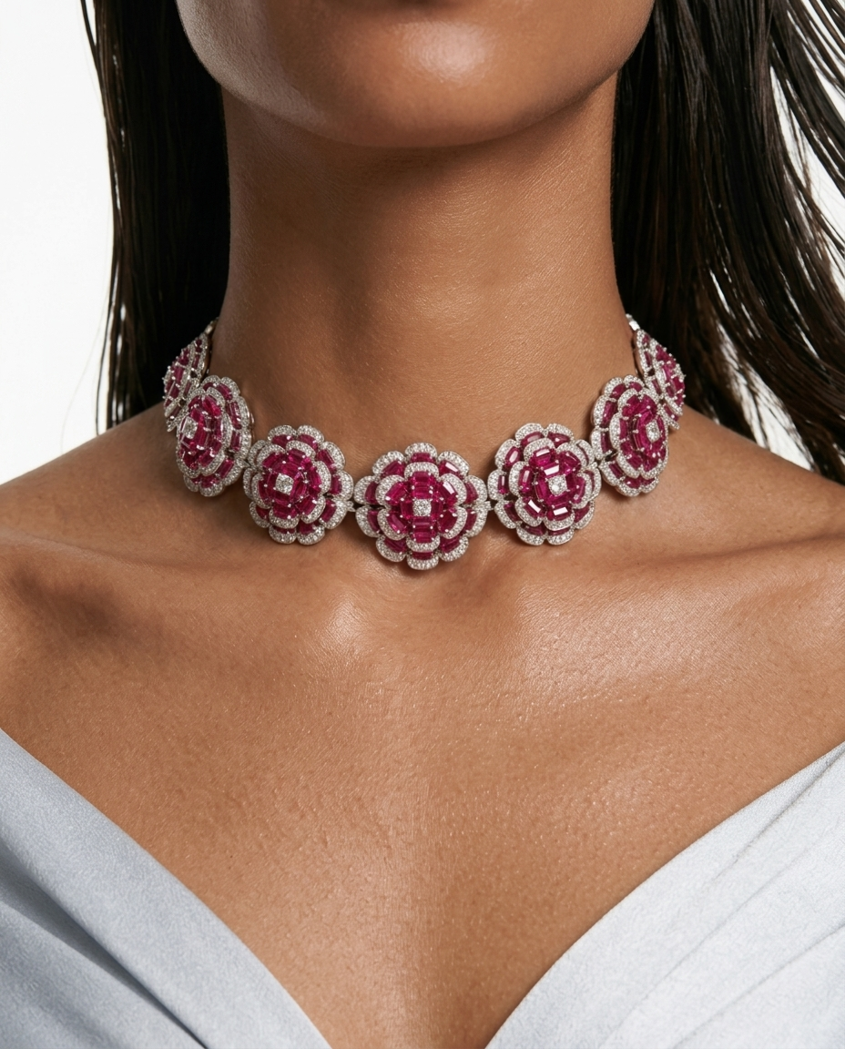 Safa Blossoming Flowers Ruby Diamond Choker Necklace Set by Prerto
