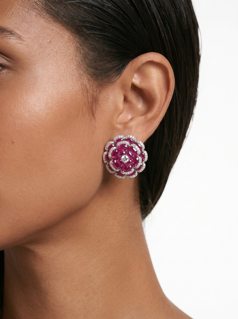 Safa Blossoming Flowers Ruby Diamond Choker Necklace Set — worn on model — Prerto
