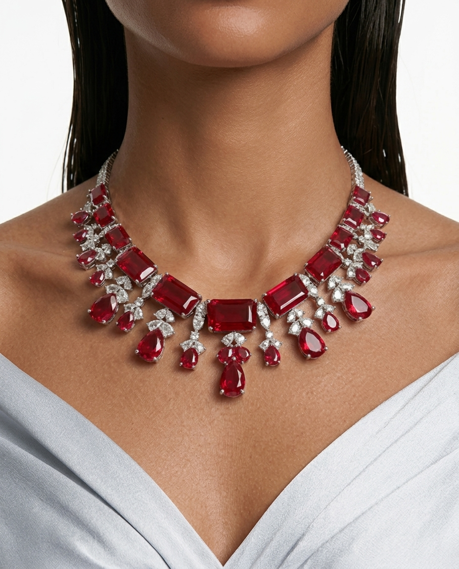 Amalina Ruby Diamond Zircon Luxe Couture Statement Necklace Set by Prerto