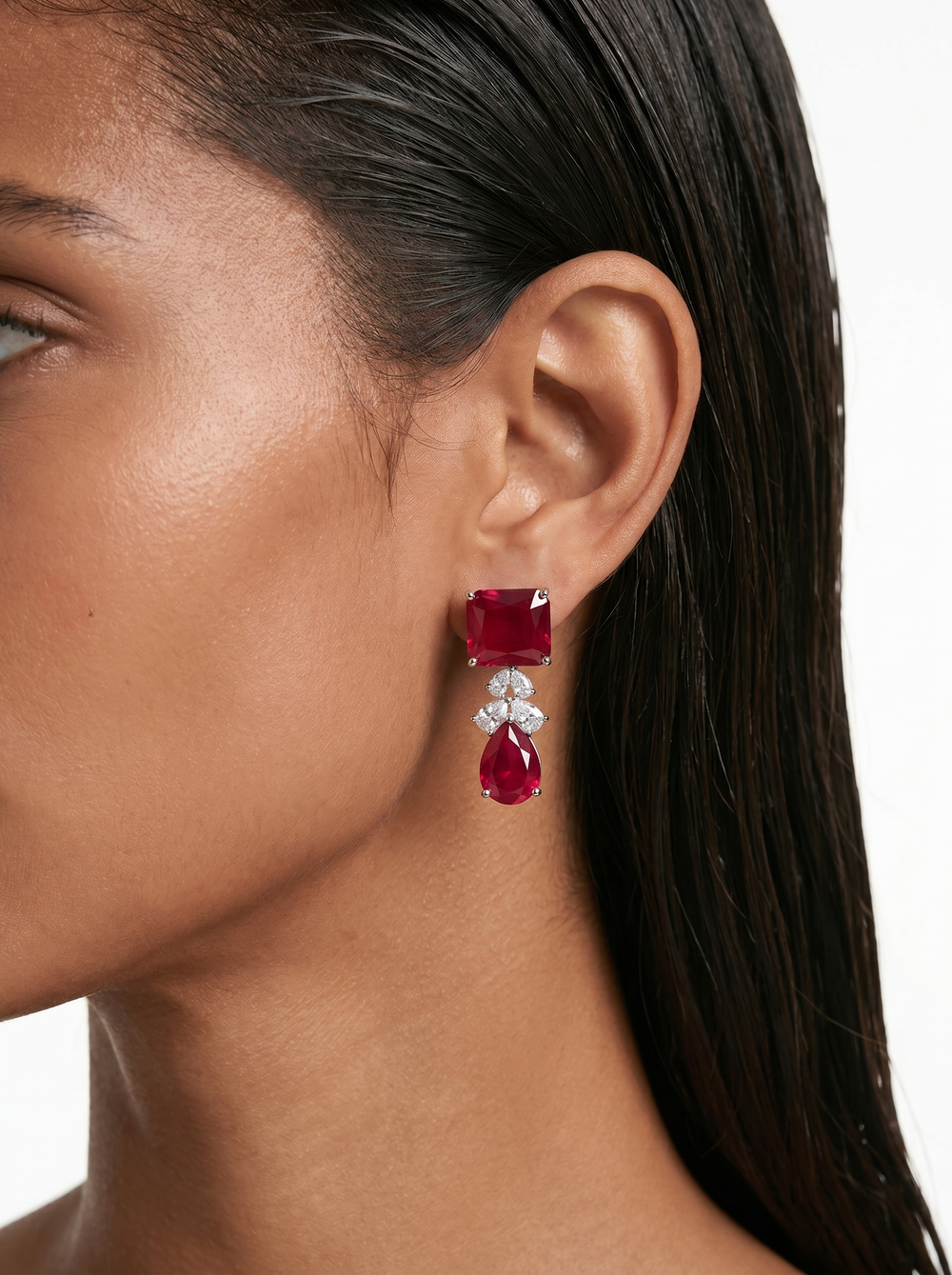 Amalina Ruby Diamond Zircon Luxe Couture Statement Necklace Set — worn on model — Prerto