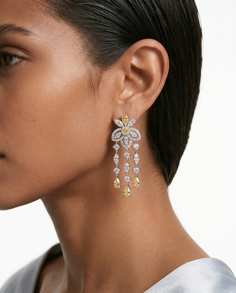 Adhira Citrine Diamond-Like Zircon Compressed Necklace Set — worn on model — Prerto