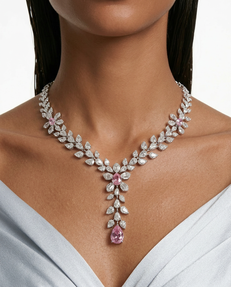 Dania Pink Diamond-Like Zircon Compressed Necklace Set by Prerto