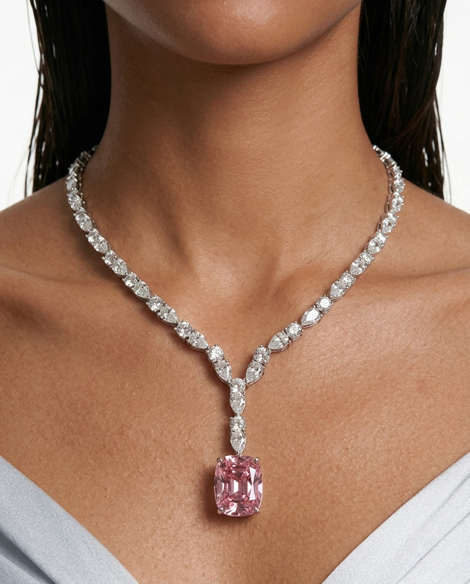 Lamees Pink Drop Diamond Zircon Luxe Couture Pendant Necklace Set by Prerto