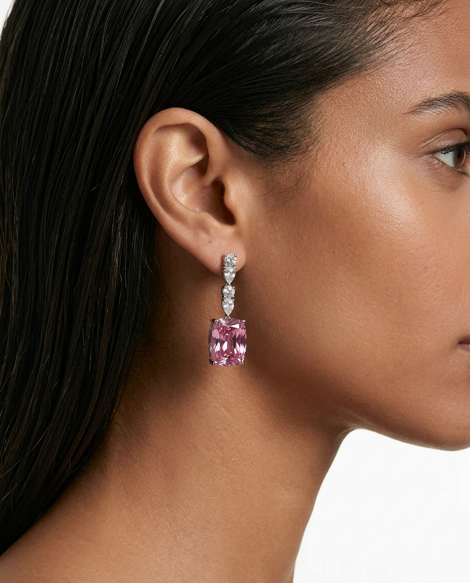 Lamees Pink Drop Diamond Zircon Luxe Couture Pendant Necklace Set — worn on model — Prerto
