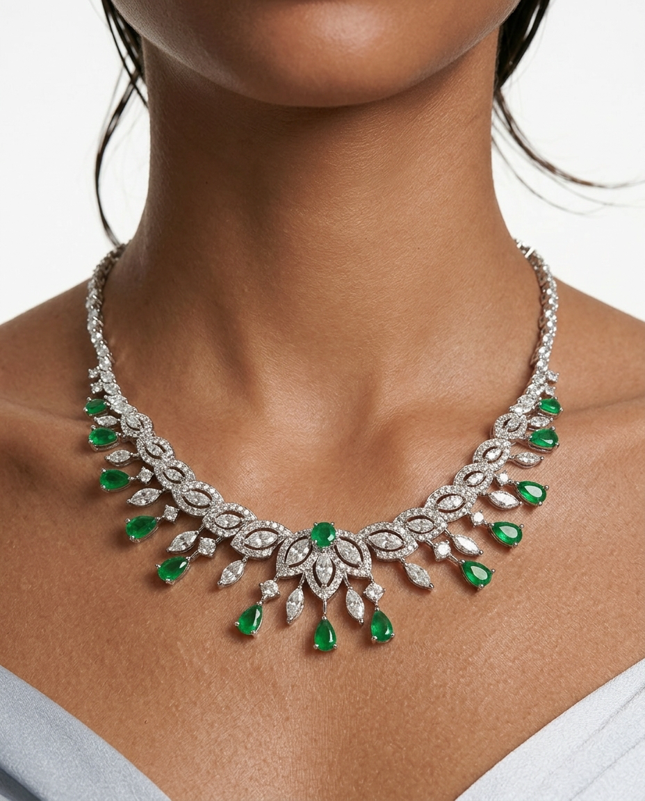 Adhira Emerald Diamond-Like Zircon Compressed Necklace Set by Prerto