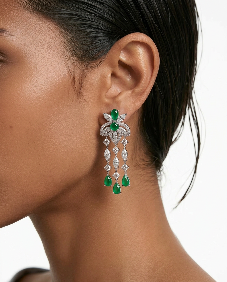 Adhira Emerald Diamond-Like Zircon Compressed Necklace Set — worn on model — Prerto