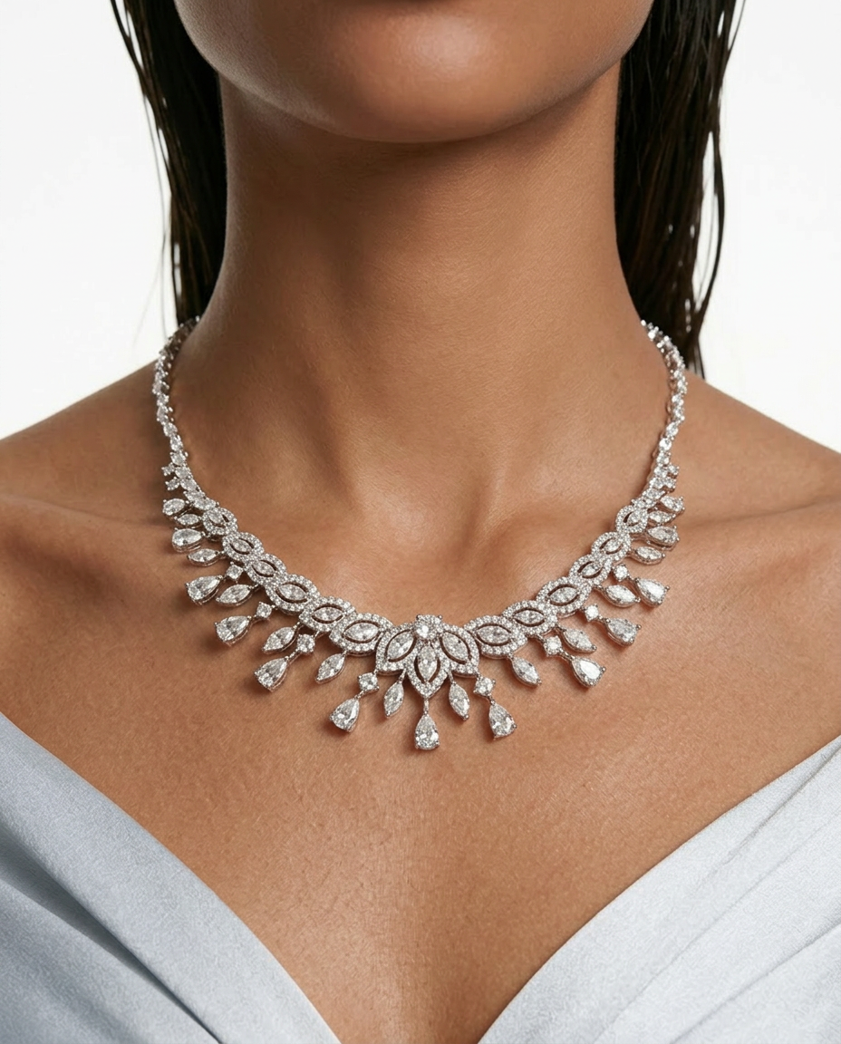 Adhira Diamond-Like Zircon Compressed Statement Necklace Set by Prerto