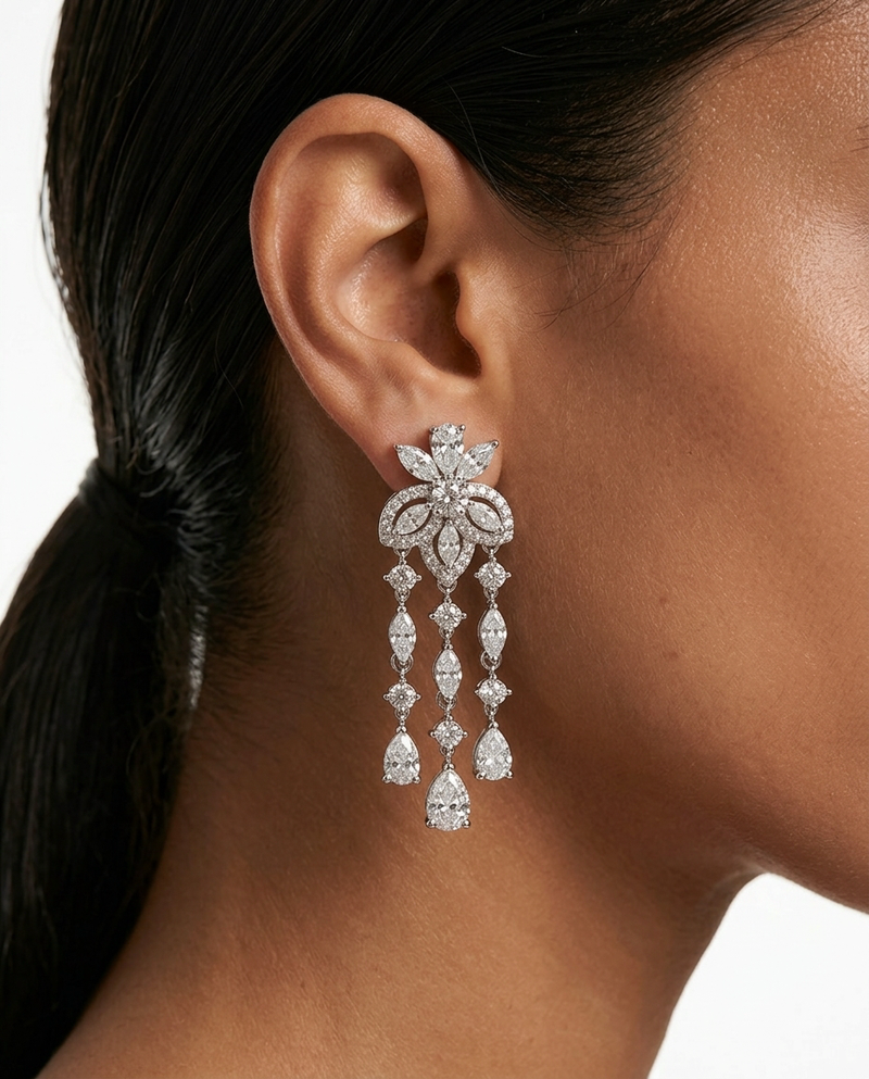 Adhira Diamond-Like Zircon Compressed Statement Necklace Set — worn on model — Prerto