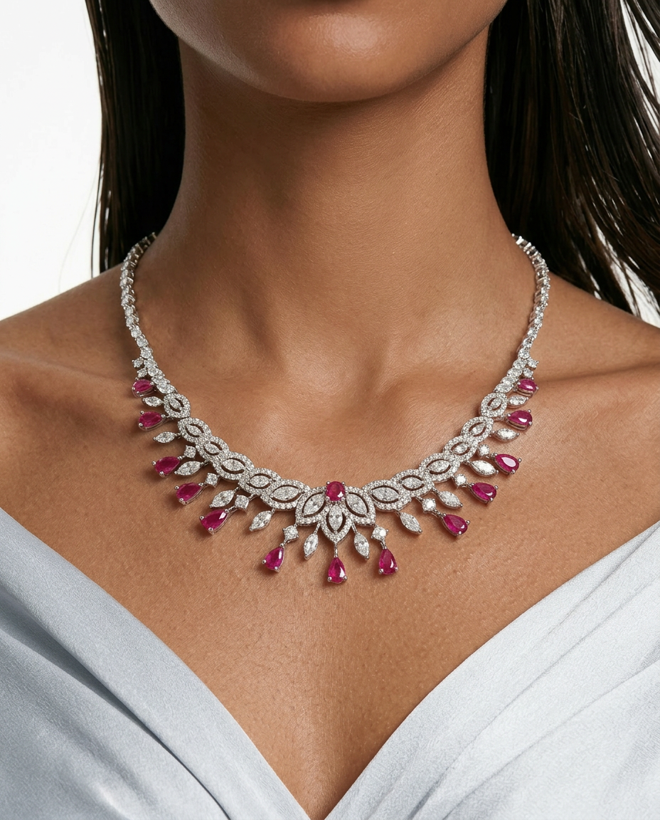 Adhira Ruby Diamond-Like Zircon Compressed Necklace Set by Prerto