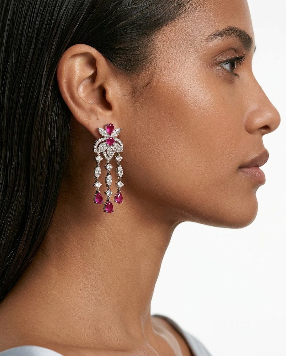 Adhira Ruby Diamond-Like Zircon Compressed Necklace Set — worn on model — Prerto