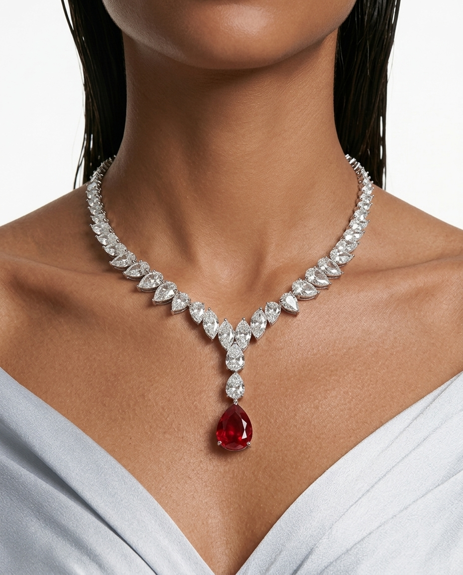 Khadija Ruby Diamond-Like Zircon Statement Necklace Set by Prerto