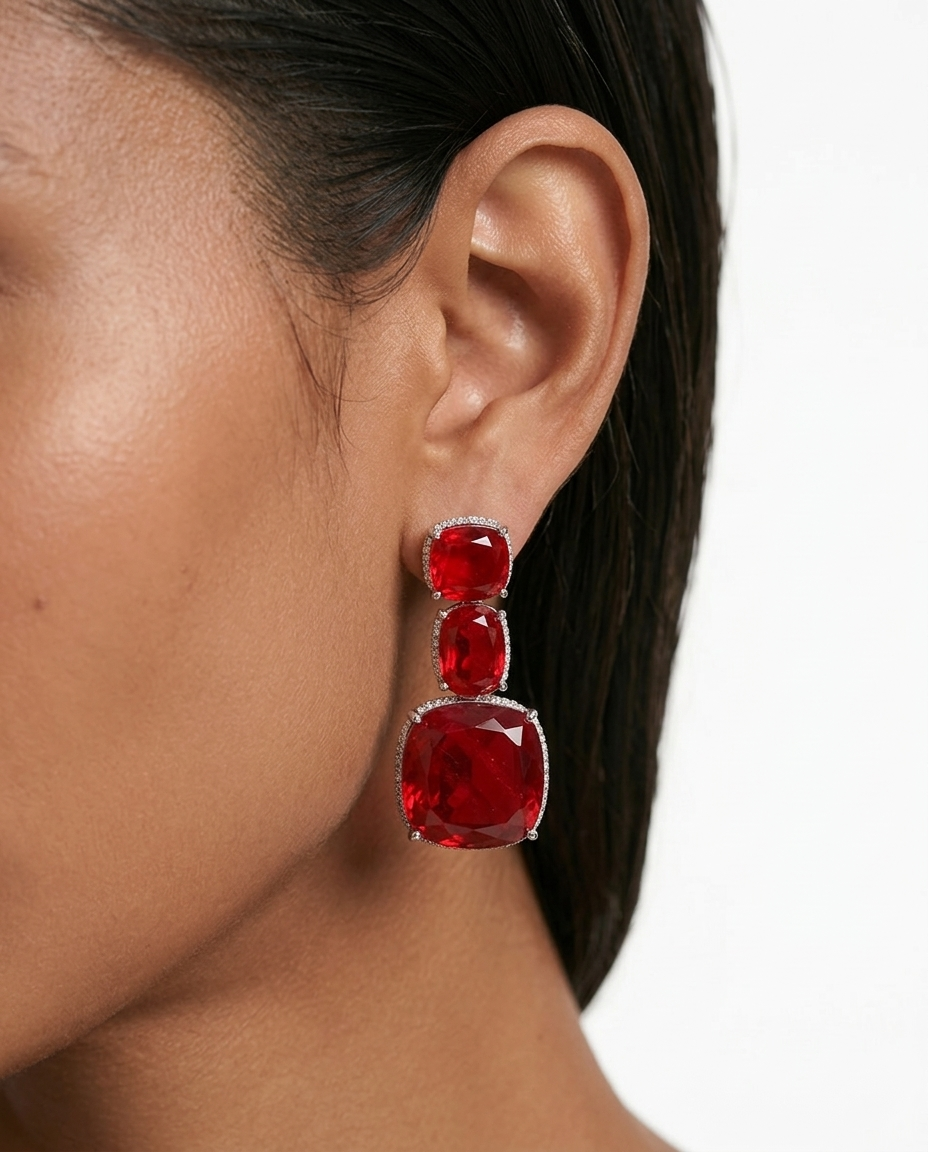 Boulder Ruby Diamond 3 Layer Statement Necklace Set — worn on model — Prerto