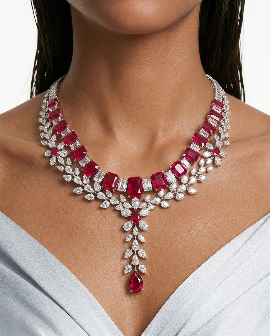 Maharani Dania Ruby & Dima Ruby Diamond Duo Necklace Set — front view — Prerto