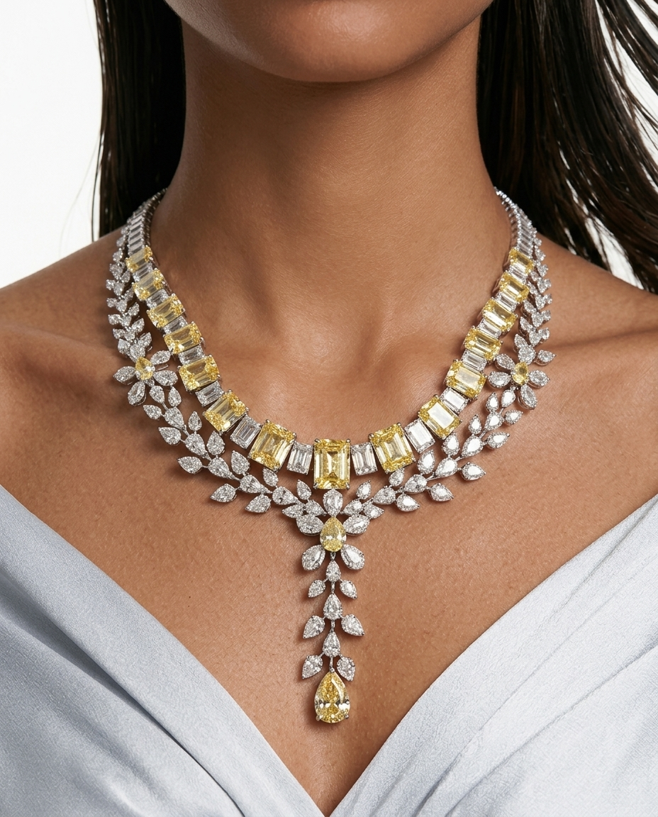 Maharani Dania Citrine & Dima Citrine Diamond Duo Necklace Set — front view — Prerto
