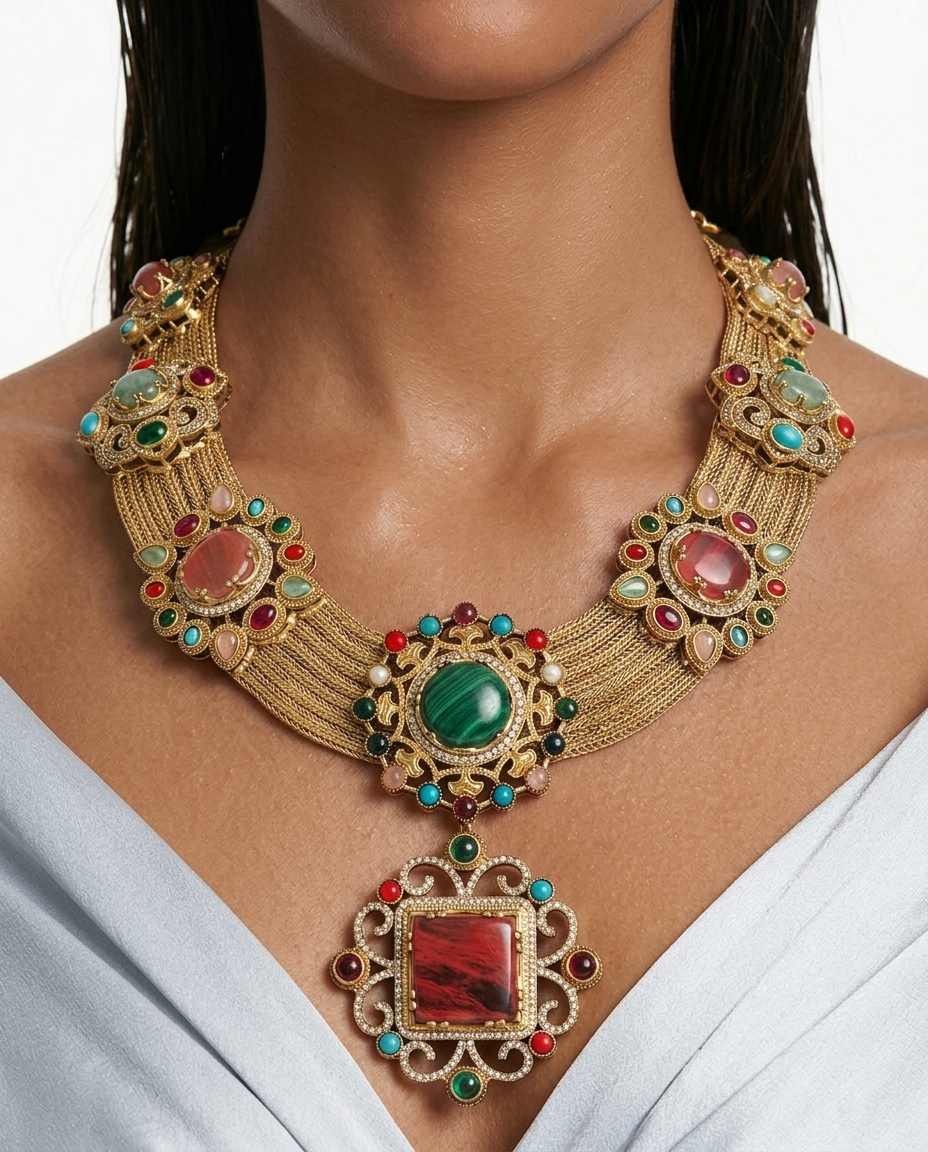 Aadhya Multi Colour Moissanite Polki Kundan Chain Pendant Necklace Set by Prerto