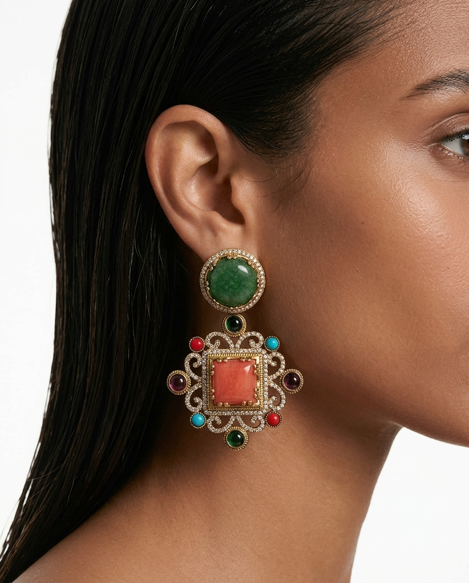 Aadhya Multi Colour Moissanite Polki Kundan Chain Pendant Necklace Set — worn on model — Prerto