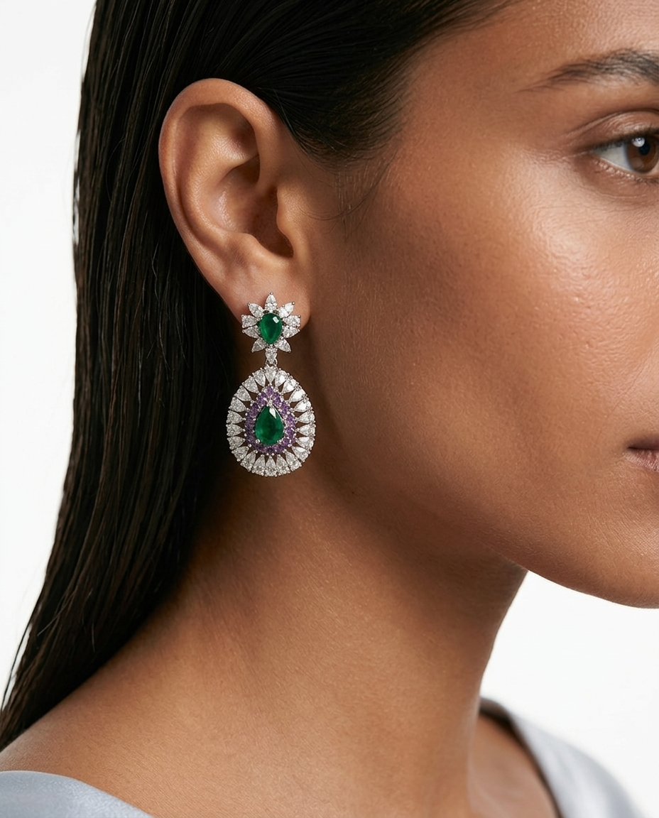 Ishani Purple Diamond, Emerald & Zircon Diamond Pendant Necklace Set (Necklace & Earrings)