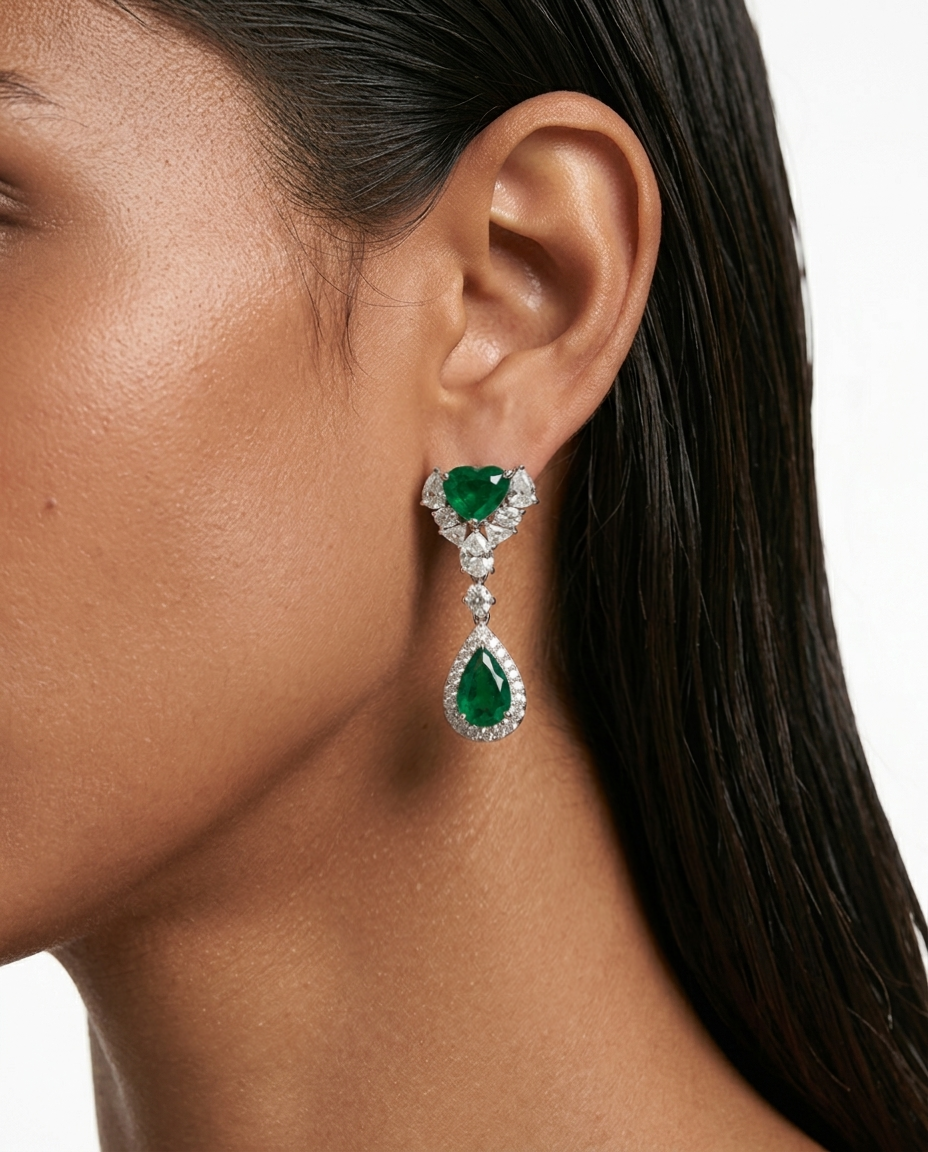 Bahiyya Emerald Drops Diamond-Like Zircon Pendant Necklace Set — worn on model — Prerto
