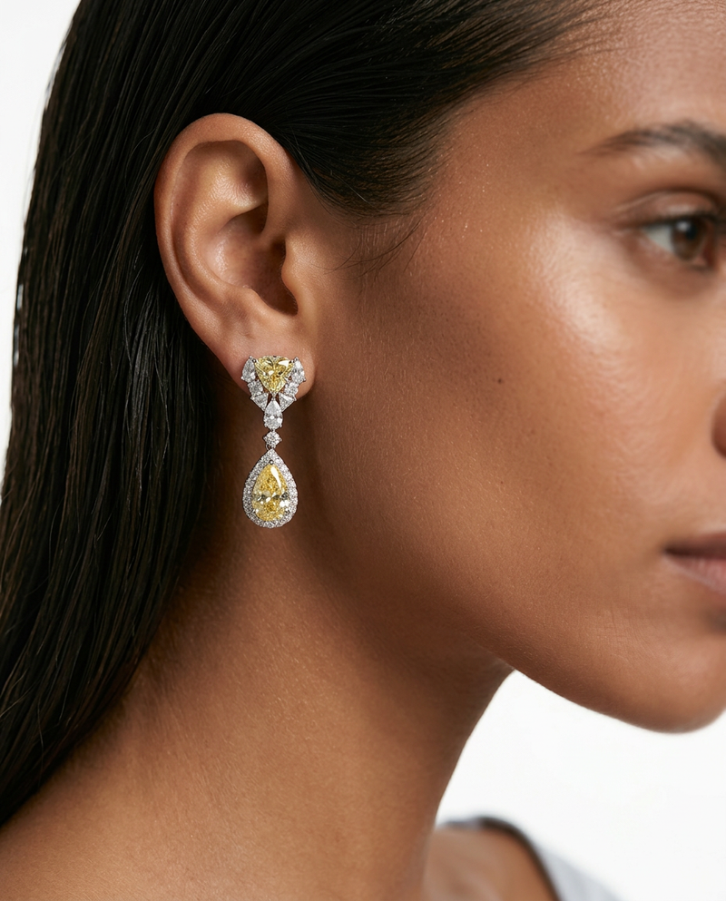 Bahiyya Citrine Drops Diamond-Like Zircon Pendant Necklace Set — worn on model — Prerto