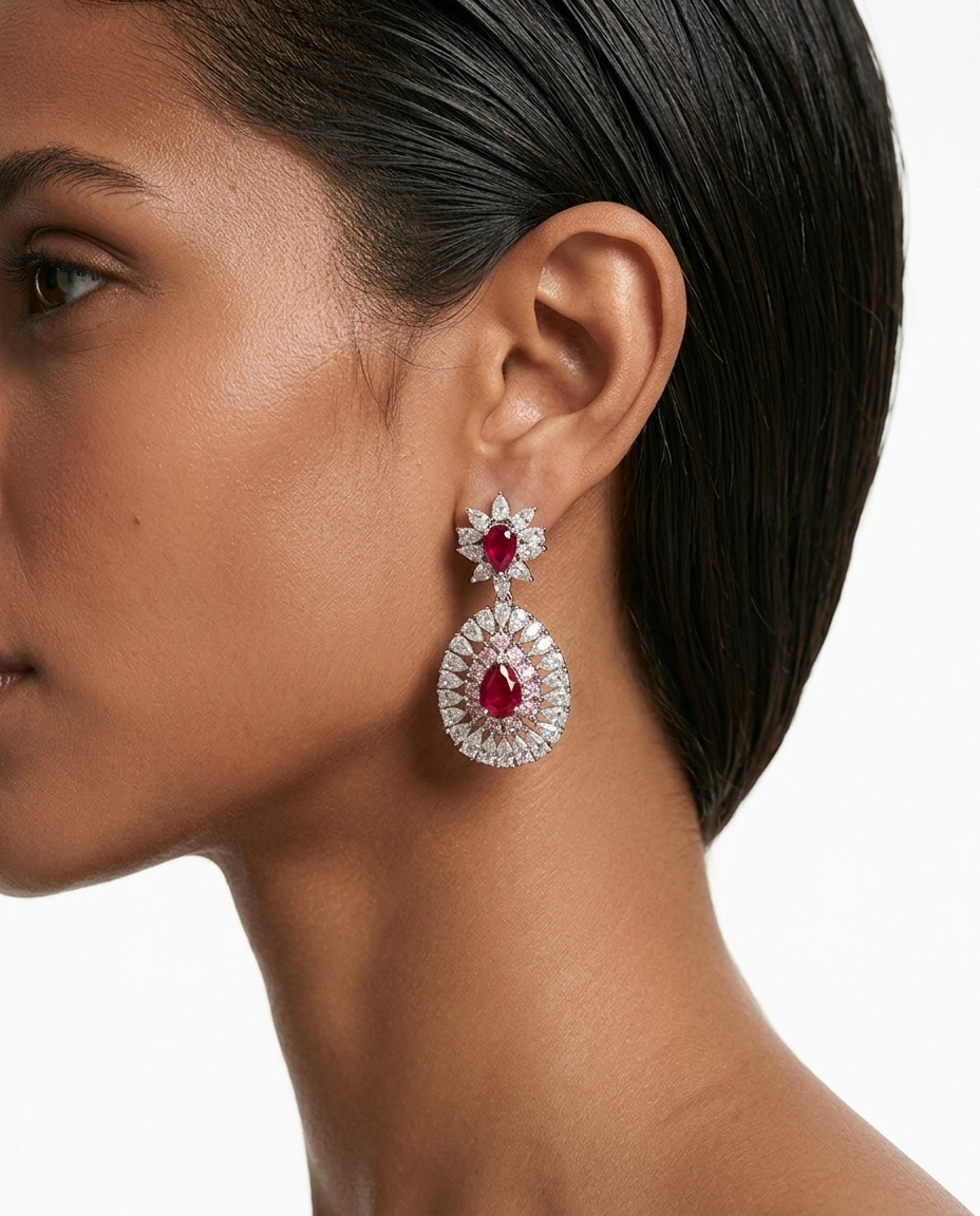 Ishani Pink Diamond Ruby Zircon Pendant Necklace Set — worn on model — Prerto