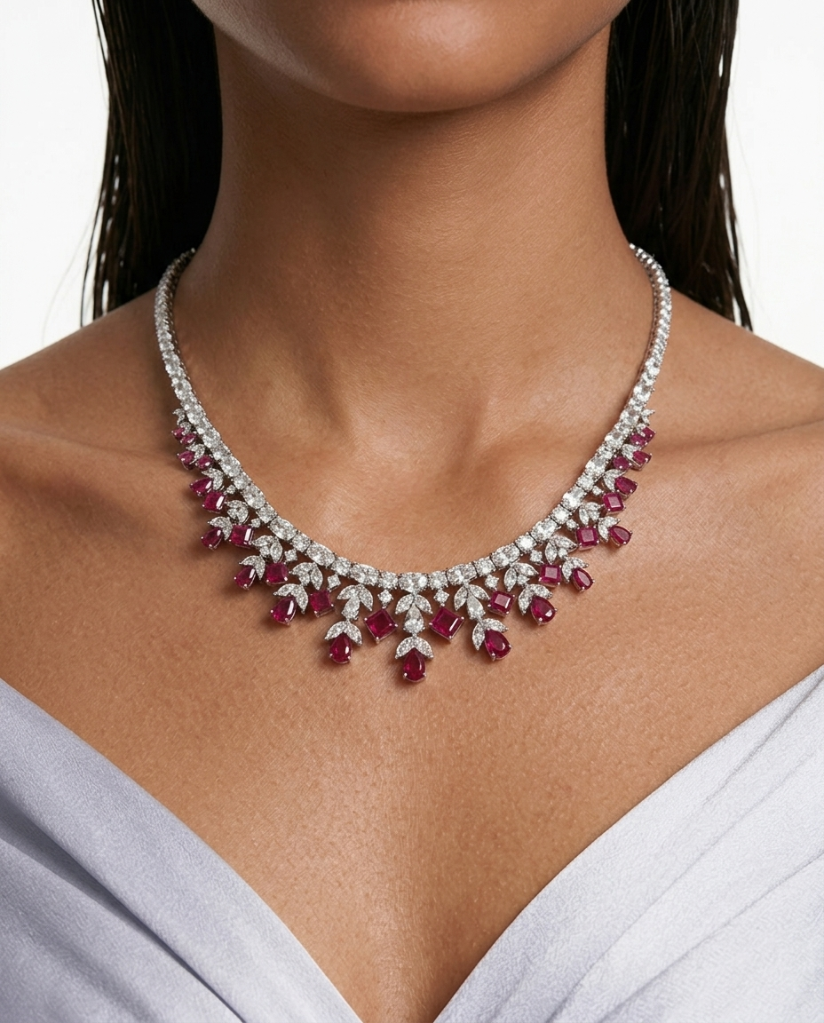 Saanvi Diamond-Like Zircon Ruby Drops Statement Necklace Set by Prerto
