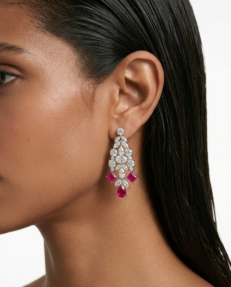 Saanvi Diamond-Like Zircon Ruby Drops Necklace Set — worn on model — Prerto