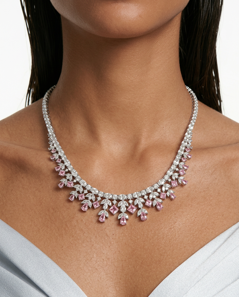 Saanvi Diamond-Like Zircon Pink Diamond Drops Necklace Set by Prerto