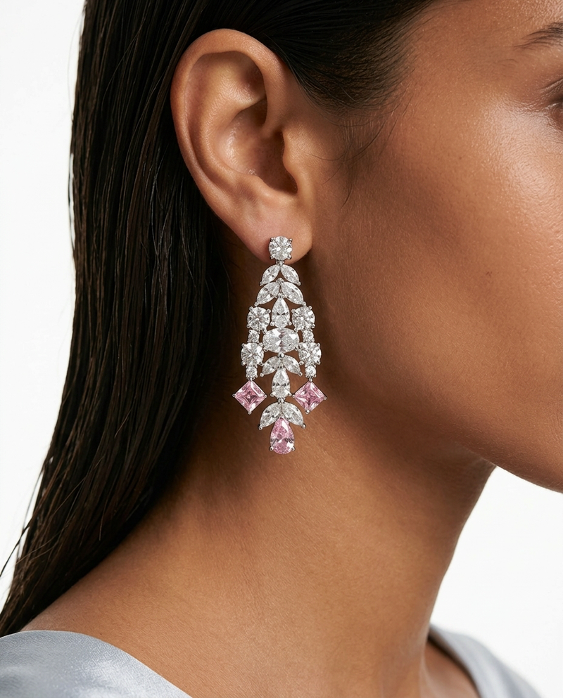 Saanvi Diamond-Like Zircon Pink Diamond Drops Necklace Set — worn on model — Prerto