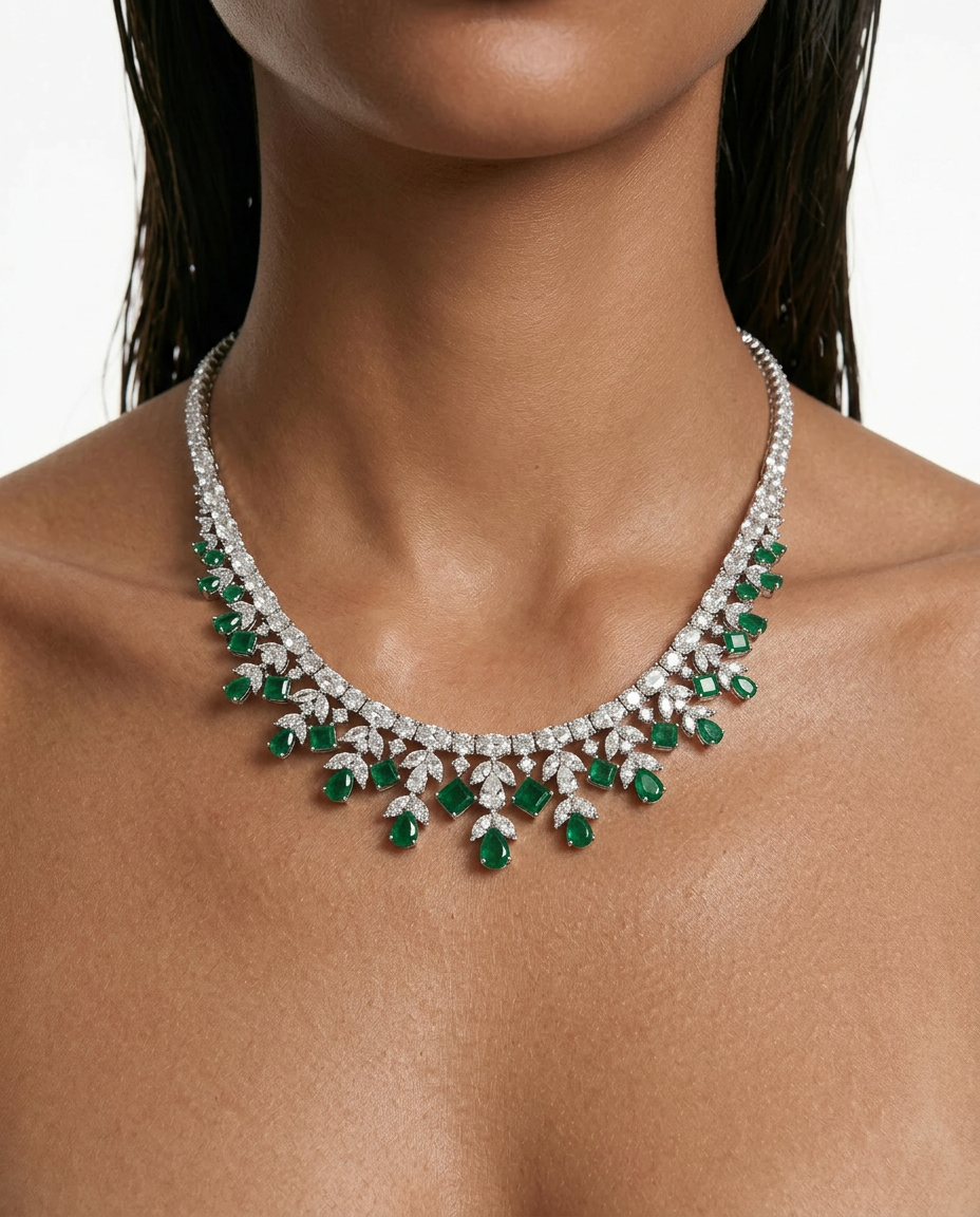 Saanvi Diamond-Like Zircon Emerald Drops Statement Necklace Set by Prerto