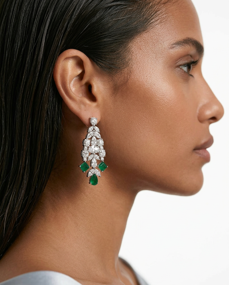 Saanvi Diamond-Like Zircon Emerald Drops Necklace Set — worn on model — Prerto