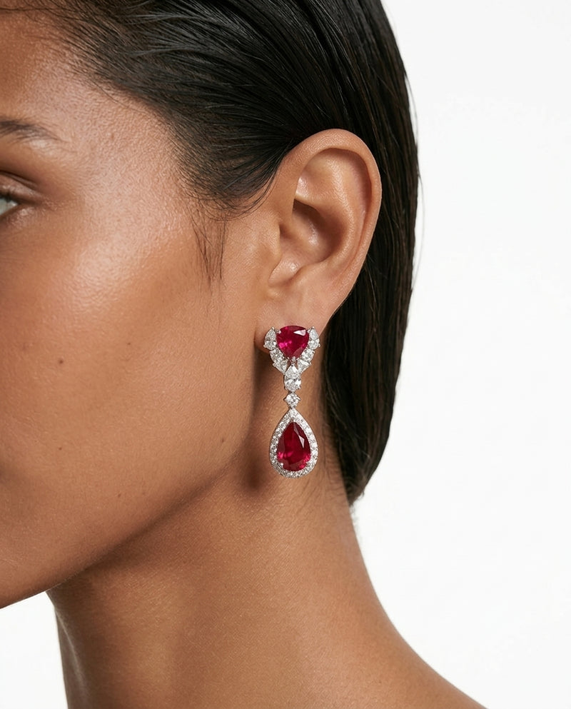 Bahiyya Ruby Drops Diamond-Like Zircon Pendant Necklace Set — worn on model — Prerto