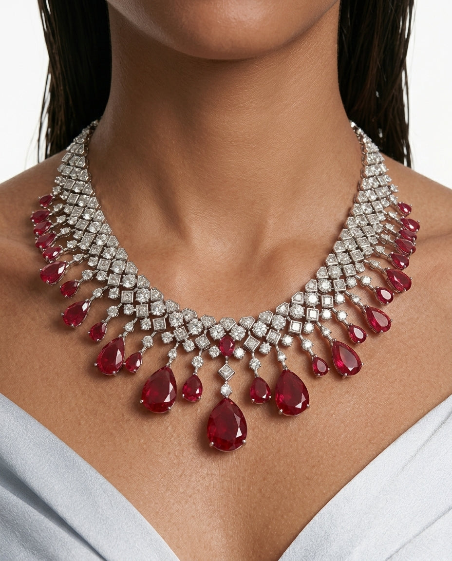 Azra Ruby Diamond-Like Zircon Statement Necklace Set by Prerto